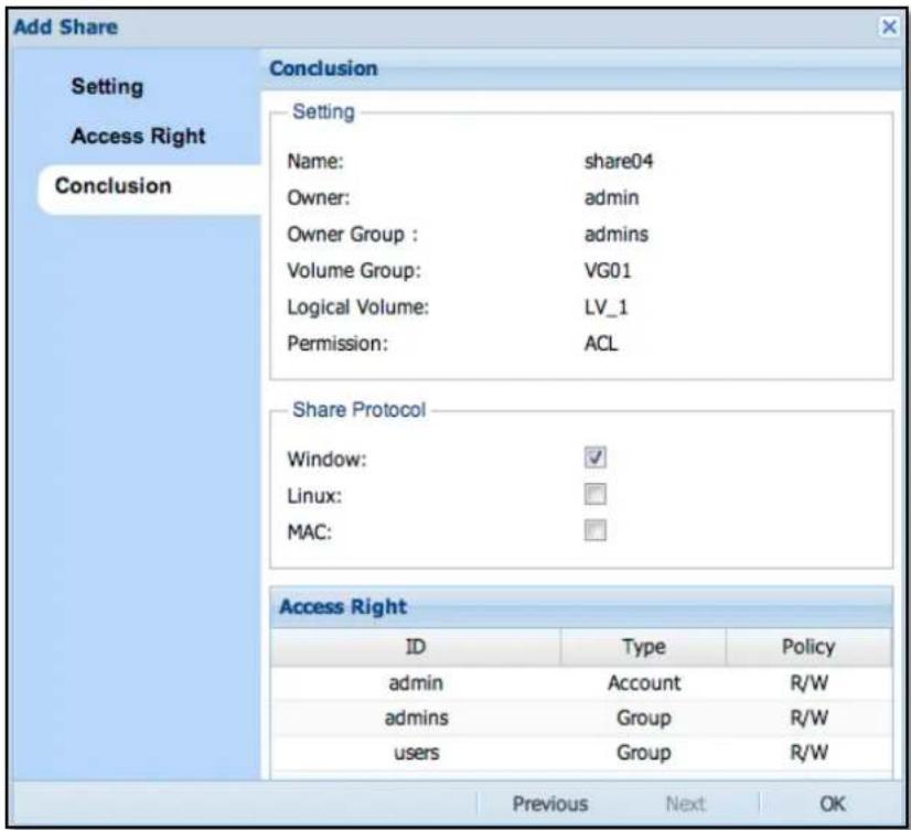 Add Share Setting Access Right Conclusion Conclusion Setting Name: share04 Owner: admin Owner Group : admins Volume Group: VG01 Logical Volume: LV_1 Permission: ACL Share Protocol Window: ✓ Linux: MAC: