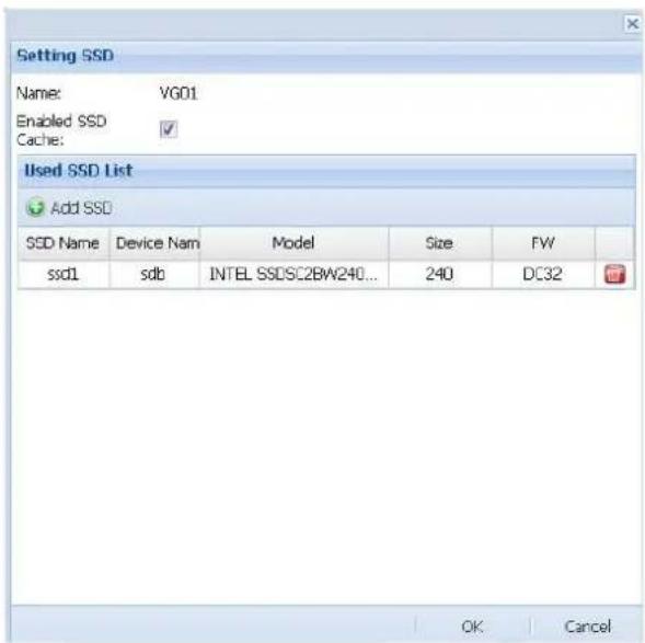Setting SSD Name: VG01 Enabled SSD ✓ Cache: Used SSD List Add SSD SSD Name Device Nam Model Size FW ssd1 sdb INTEL SSDSC2BW240... 240 DC32 OK Cancel