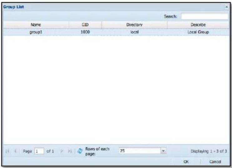 Group List Search: Name GID Directory Describe group1 1000 local Local Group Pages 1 of 1 Rows of each page: 25 Displaying 1 - 3 of 3 OK Cancel