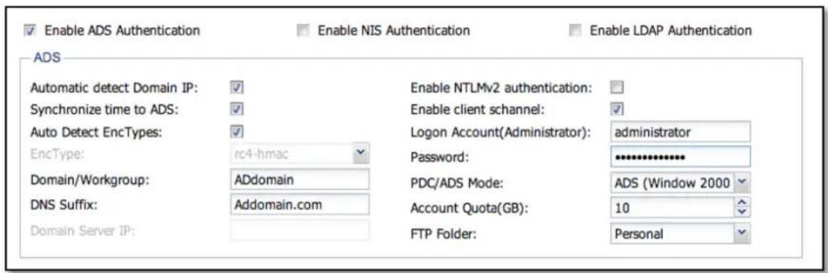 Enable ADS Authentication Enable NIS Authentication Enable LDAP Authentication ADS Automatic detect Domain IP: Synchronize time to ADS: Auto Detect EncTypes: EncType: Domain/Workgroup: DNS Suffix: Domain Server IP: Enable NTLMv2 authentication: Enable client schannel: Logon Account(Administrator): administrator Password: ******** PDC/ADS Mode: ADS (Window 2000 10 FTP Folder: Personal
