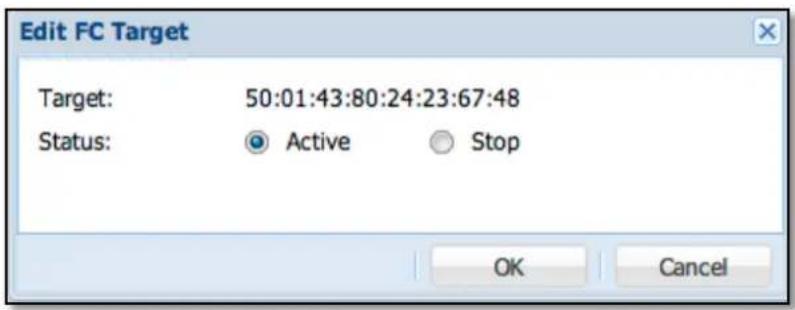 Edit FC Target Target: 50:01:43:80:24:23:67:48 Status: Active Stop OK Cancel