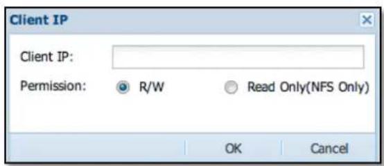 Client IP Client IP: Permission: R/W Read Only(NFS Only) OK Cancel