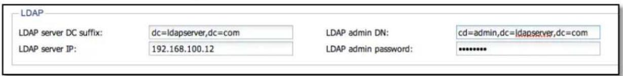 LDAP LDAP server DC suffix: dc=ldapserver,dc=com LDAP server IP: 192.168.100.12 LDAP admin DN: cd=admin,dc=ldapserver,dc=com LDAP admin password: ********