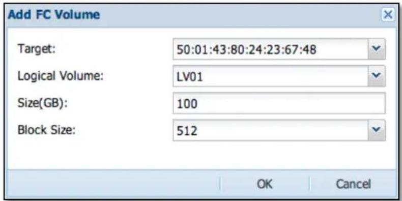 Add FC Volume Target: 50:01:43:80:24:23:67:48 Logical Volume: LV01 Size(GB): 100 Block Size: 512 OK Cancel