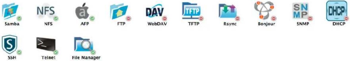 Samba NFS AFP FTP DAV WebDAV TFTP Rsync Bonjour SNMP DHCP SSH Telnet File Manager