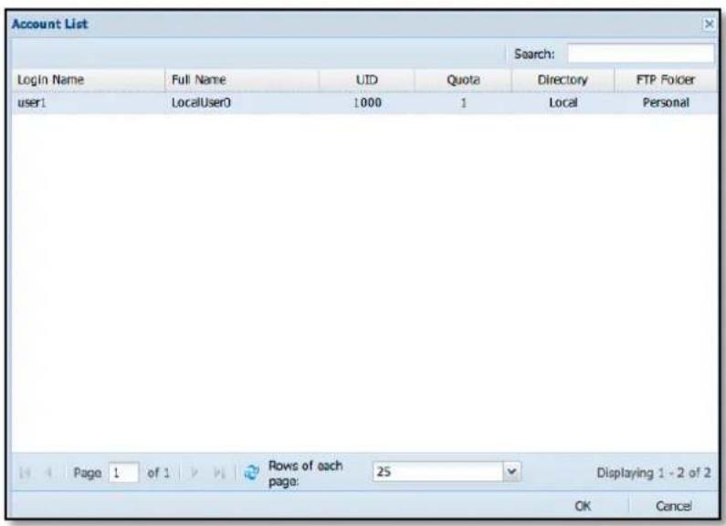 Account List Search: Login Name Full Name UID Quota Directory FTP Folder user1 LocalUser0 1000 1 Local Personal Pages 1 of 1 rows of each pages: 25 Displaying 1 - 2 of 2 OK Cancel