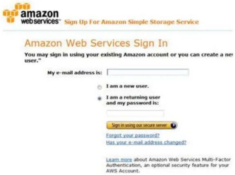 amazon web services™ Sign Up For Amazon Simple Storage Service Amazon Web Services Sign In You may sign in using your existing Amazon account or you can create a new user." My e-mail address is: I am a new user. I am a returning user and my password is: Sign in using our secure server Forgot your password? Has your e-mail address changed? Learn more about Amazon Web Services Multi-Factor Authentication, an optional security feature for your AWS Account.