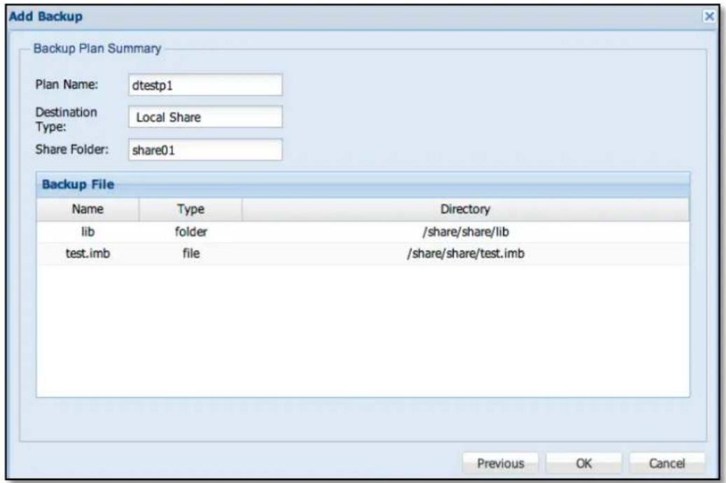 Add Backup Backup Plan Summary Plan Name: dtestp1 Destination Local Share Type: Share Folder: share01 Backup File Name Type Directory lib folder /share/share/lib test.imb file /share/share/test.imb Previous OK Cancel