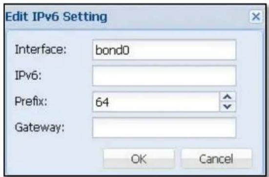 Edit IPv6 Setting Interface: bond0 IPv6: Prefix: 64 Gateway: OK Cancel