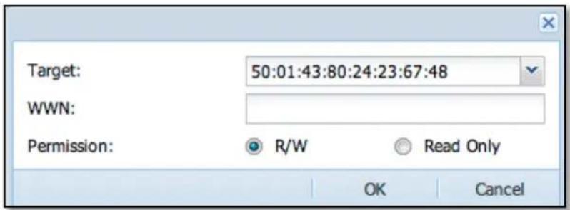 Target: 50:01:43:80:24:23:67:48 WWN: Permission: R/W Read Only OK Cancel