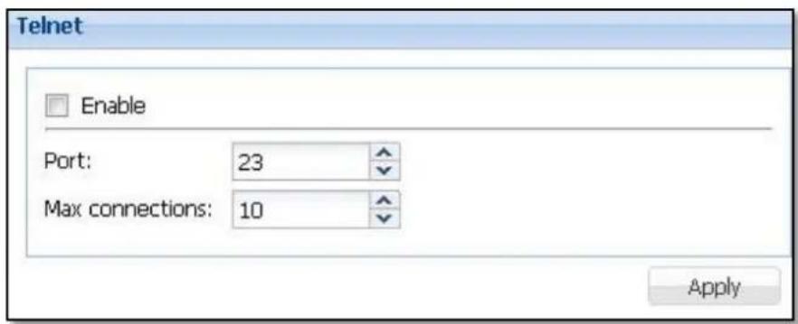 Telnet Enable Port: 23 Max connections: 10 Apply