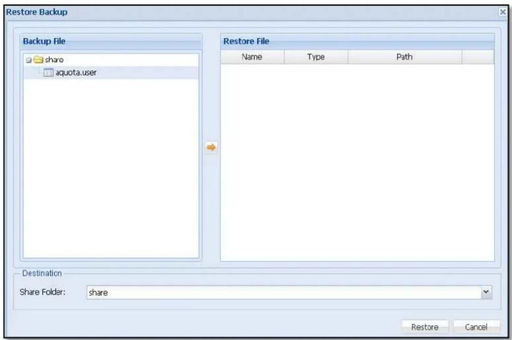 Restore Backup Backup File share aquota.user Restore File Name Type Path Destination Share Folder: share Restore Cancel