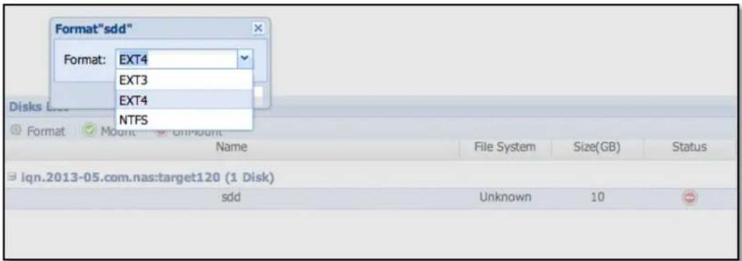 Format"sdd" Format: EXT4 EXT3 EXT4 NTFS Disks L Format Mount UniMount Name File System Size(GB) Status ign.2013-05.com.nas:target120 (1 Disk) sdd Unknown 10