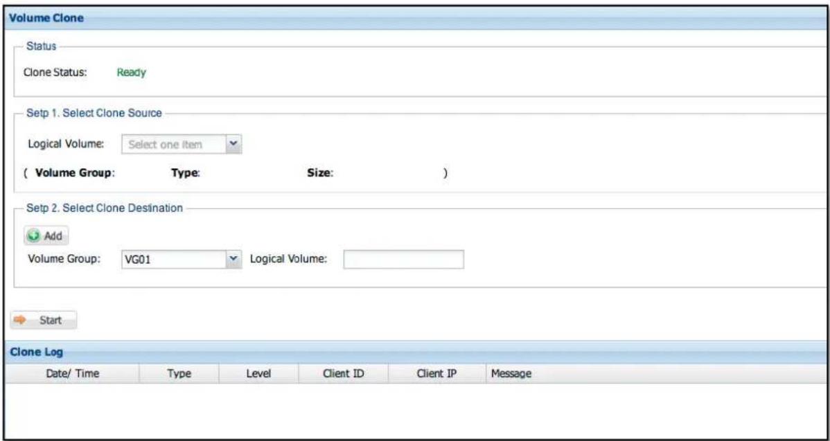 Volume Clone Status Clone Status: Ready Setp 1. Select Clone Source Logical Volume: Select one item ( Volume Group: Type: Size: ) Setp 2. Select Clone Destination Add Volume Group: VG01 Logical Volume: Start Clone Log Date/ Time Type Level Client ID Client IP Message