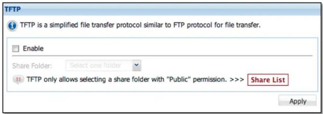 TFTP TFTP is a simplified file transfer protocol similar to FTP protocol for file transfer. Enable Share Folder: Select one folder !! TFTP only allows selecting a share folder with "Public" permission. >>> Share List Apply