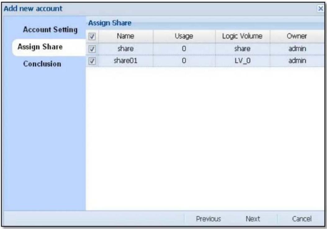 Add new account Account Setting Assign Share ✓ Name Usage Logic Volume Owner Assign Share ✓ share 0 share admin ✓ share01 0 LV_0 admin Conclusion