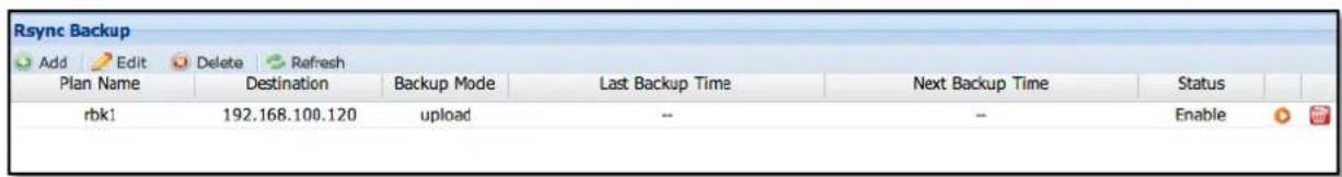 Rsync Backup Add Edit Delete Refresh Plan Name Destination Backup Mode Last Backup Time Next Backup Time Status rbk1 192.168.100.120 upload -- -- Enable