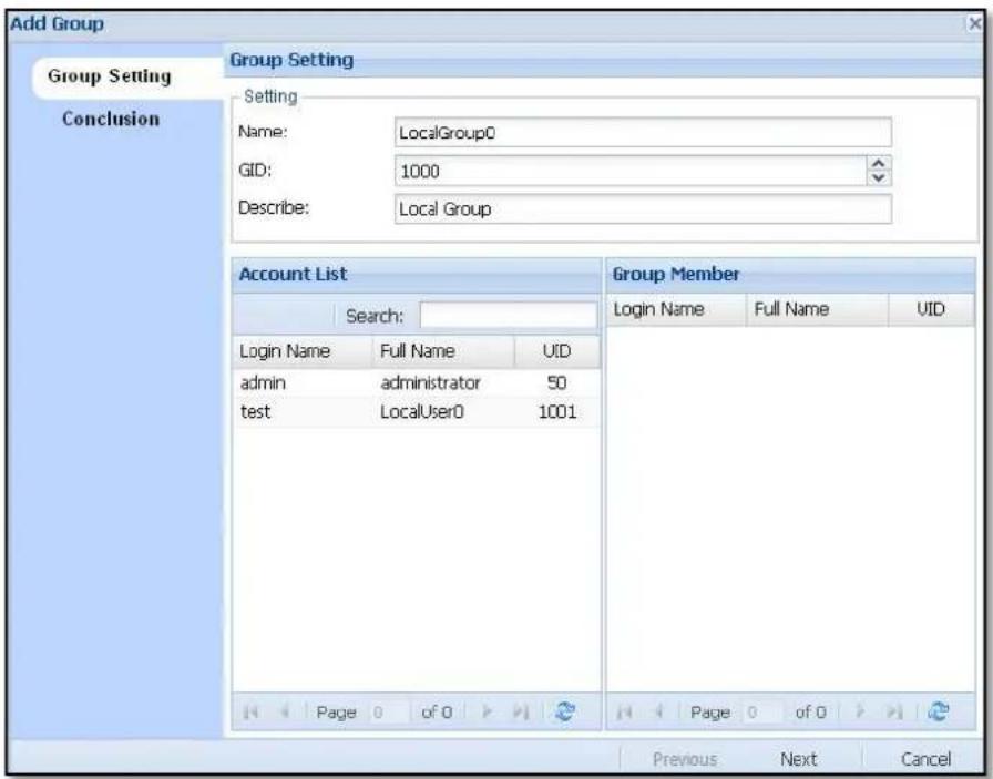 Add Group Group Setting Conclusion Group Setting Setting Name: LocalGroup0 GID: 1000 Describe: Local Group Account List Search: Login Name Full Name UID admin administrator 50 test LocalUser0 1001 Group Member Login Name Full Name UID Page 0 of 0 Previous Next Cancel