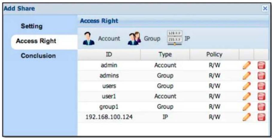 Add Share Setting Access Right Account Group IP Conclusion ID Type Policy admin Account R/W admins Group R/W users Group R/W user1 Account R/W group1 Group R/W 192.168.100.124 IP R/W