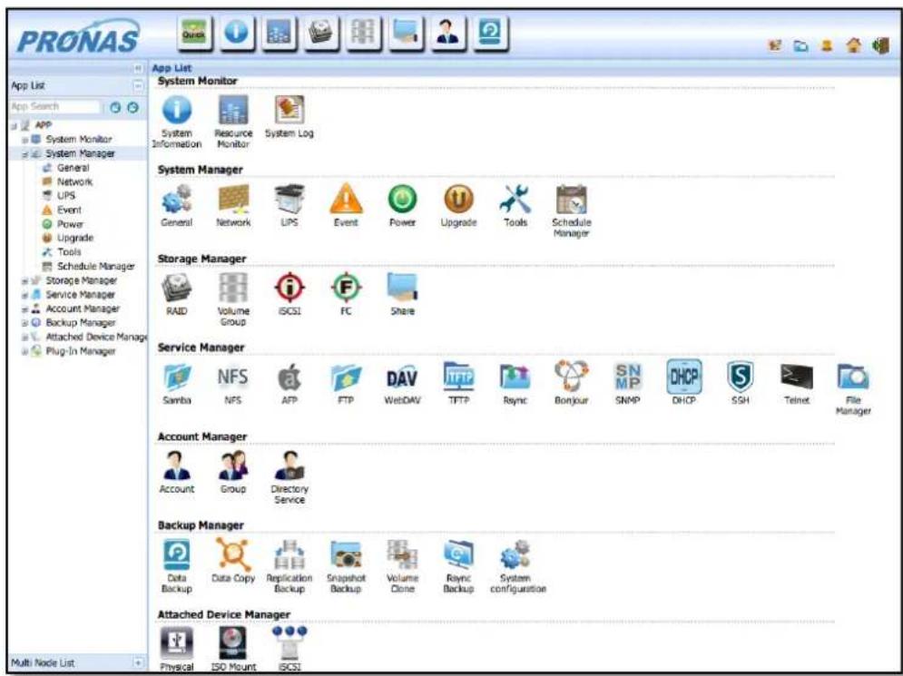 PRONAS App List App Search App System Monitor General Network UPS Event Power Upgrade Tools Schedule Manager Storage Manager Service Manager Account Manager Backup Manager Attached Device Manager Plug-In Manager Multi Node List App List System Monitor System Information Resource Monitor System Log System Manager General Network UPS Event Power Upgrade Tools Schedule Manager Storage Manager RAID Volume Group ISCSI FC Share Service Manager Samba NFS AFP FTP WebDAV TFTP Reync Bonjour SNMP DHCP SSH Telnet File Manager Account Manager Account Group Directory Service Backup Manager Data Backup Data Copy Replication Backup Snapshot Backup Volume Clone Reync Backup System configuration Attached Device Manager Physical ISO Mount ISCSI