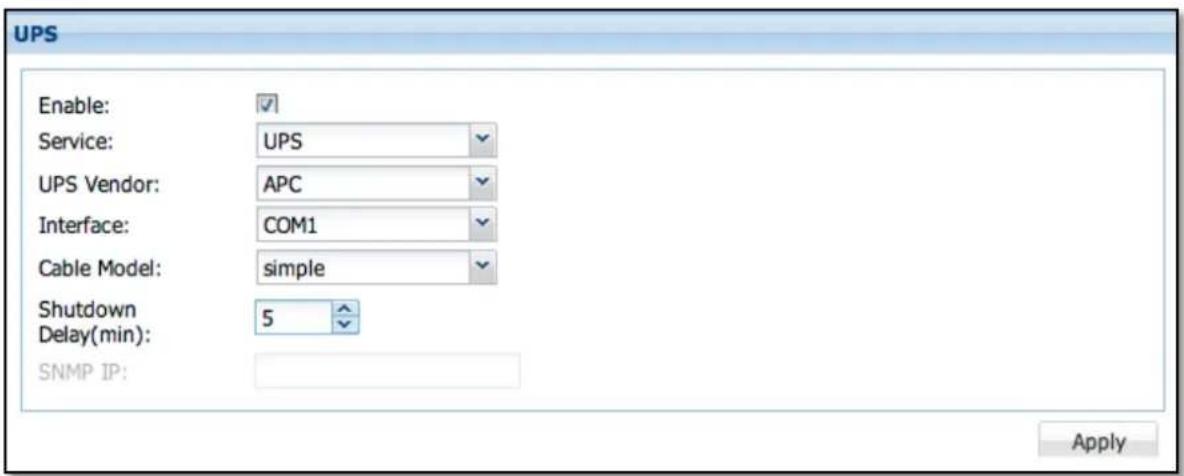 UPS Enable: Service: UPS UPS Vendor: APC Interface: COM1 Cable Model: simple Shutdown Delay(min): 5 SNMP IP: Apply