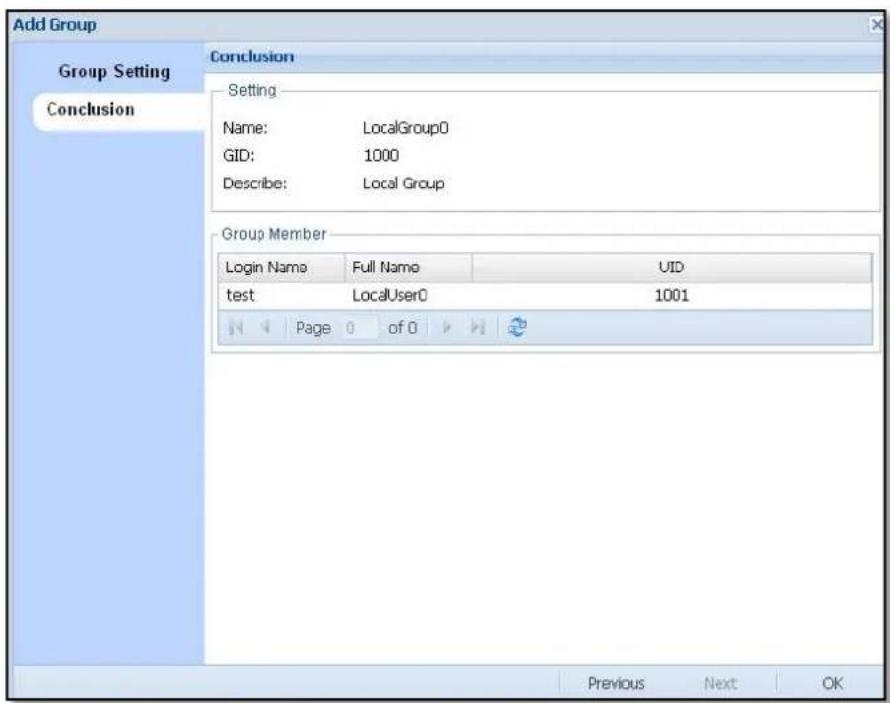 Add Group Group Setting Conclusion Conclusion Setting Name: LocalGroup0 GID: 1000 Describe: Local Group Group Member Login Name Full Name UID test LocalUser0 1001 Page of 0