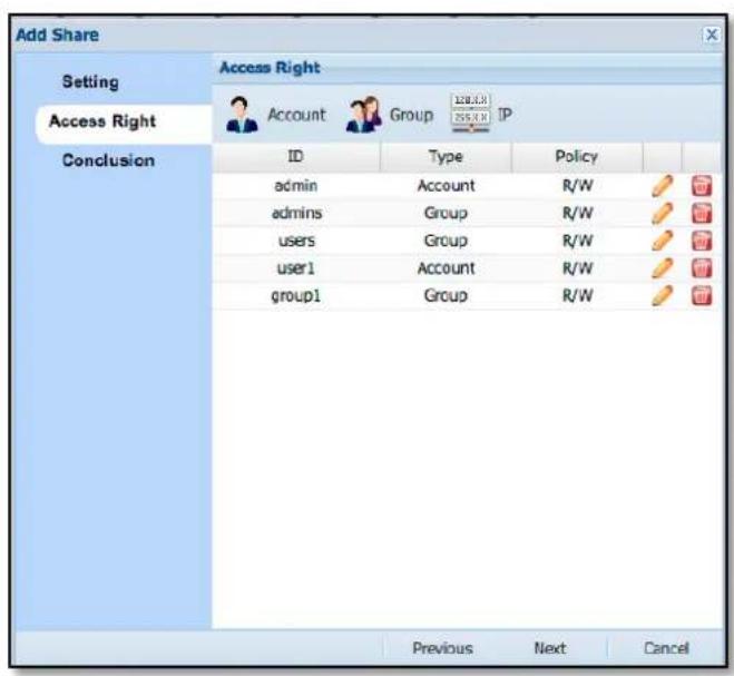 Add Share Setting Access Right Account Group IP ID Type Policy admin Account R/W admins Group R/W users Group R/W user1 Account R/W group1 Group R/W Previous Next Cancel