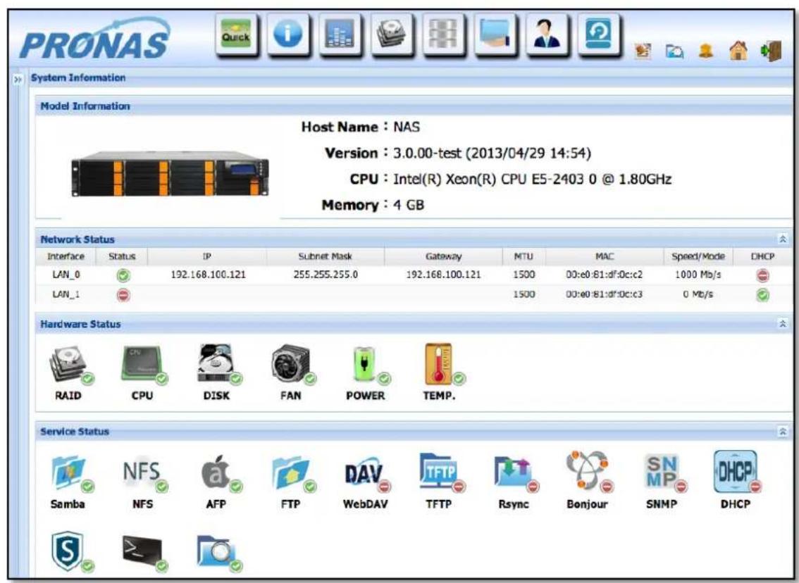 PRONAS System Information Model Information Host Name : NAS Version : 3.0.00-test (2013/04/29 14:54) CPU : Intel(R) Xeon(R) CPU E5-2403 0 @ 1.80GHz Memory : 4 GB Network Status Interface Status IP Subnet Mask Gateway MTU MAC Speed/Mode DHCP LAN_0 ✓ 192.168.100.121 255.255.255.0 192.168.100.121 1500 00:e0:81:df:0c:c2 1000 Mb/s LAN_1 ✓ 1500 00:e0:81:df:0c:c3 0 Mb/s Hardware Status RAID CPU DISK FAN POWER TEMP. Service Status Samba NFS AFP FTP WebDAV TFTP Rsync Bonjour SNMP DHCP