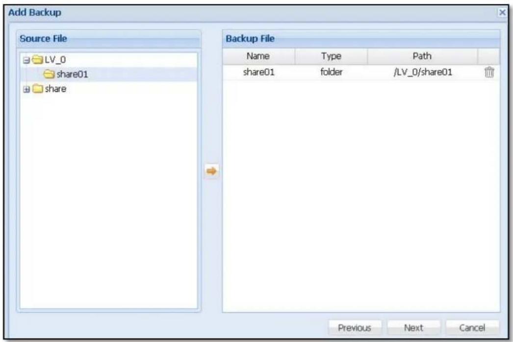 Add Backup Source File LV_0 share01 share Backup File Name Type Path share01 fetder /LV_0/share01 Previous Next Cancel