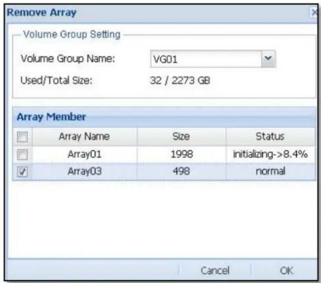 Remove Array Volume Group Setting Volume Group Name: VG01 Used/Total Size: 32 / 2273 GB Array Member Array Name Size Status Array01 1998 initializing->8.4% Array03 498 normal Cancel OK