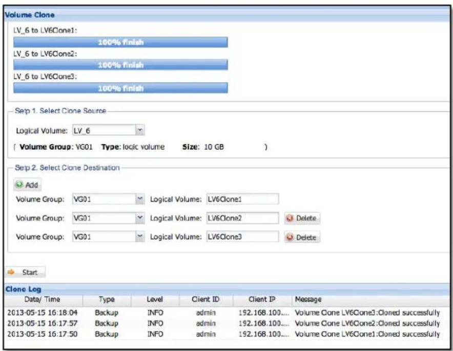 Volume Clone LV_6 to LV6Cone1: 100% finish LV_6 to LV6Cone2: 100% finish LV_6 to LV6Cone3: 100% finish Sep 1. Select Clone Source Logical Volume: LV_6 Volume Group: VG01 Type: logic volume Size: 10 GB Sep 2. Select Clone Destination Add Volume Group: VG01 Logical Volume: LV6Clone1 Volume Group: VG01 Logical Volume: LV6Clone2 Delete Volume Group: VG01 Logical Volume: LV6Clone3 Delete Start Clone Log Data/ Time Type Level Client ID Client IP Message 2013-05-15 16:18:04 Backup INFO admin 192.168.100.... Volume Cone LY6Cone3:Cloned successfully 2013-05-15 16:17:57 Backup INFO admin 192.168.100.... Volume Cone LY6Cone2:Cloned successfully 2013-05-15 16:17:50 Backup INFO admin 192.168.100.... Volume Cone LY6Cone1:Cloned successfully