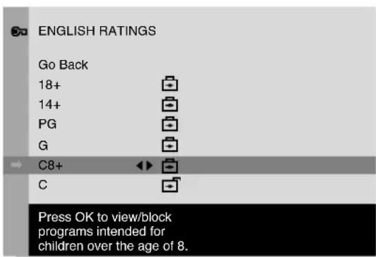 ENGLISH RATINGS Go Back 18+ 14+ PG G C8+ C Press OK to view/block programs intended for children over the age of 8.