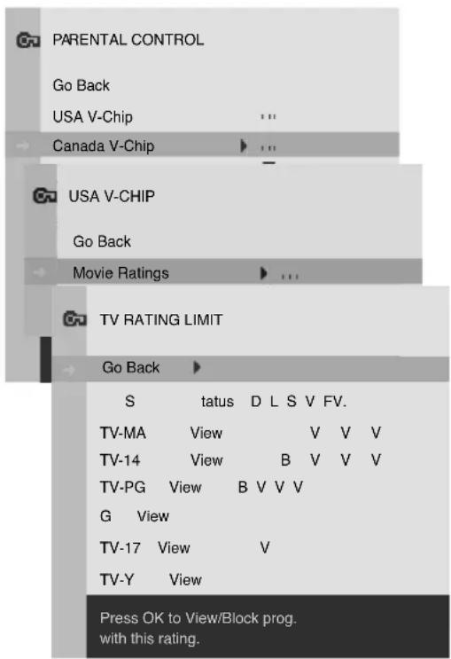 PARENTAL CONTROL Go Back USA V-Chip Canada V-Chip USA V-CHIP Go Back Movie Ratings TV RATING LIMIT Go Back S tatus D L S V FV. TV-MA View V V V TV-14 View B V V V TV-PG View B V V V G View TV-17 View V TV-Y View Press OK to View/Block prog. with this rating.