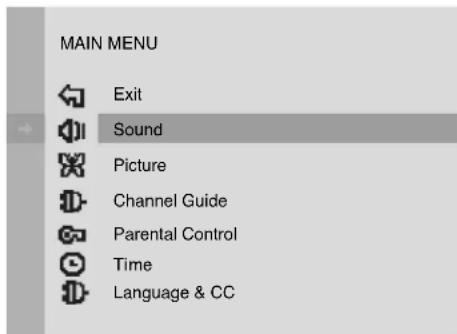 MAIN MENU Exit Sound Picture Channel Guide Parental Control Time Language & CC