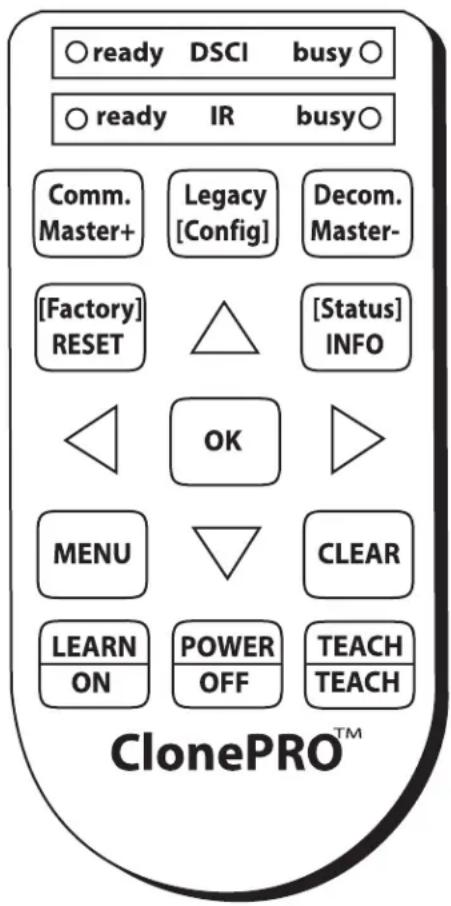 ready DSCI busy ready IR busy Comm. Legacy Decom. Master+ [Config] Master- [Factory] [Status] RESET INFO OK MENU CLEAR LEARN POWER TEACH ON OFF TEACH ClonePRO™