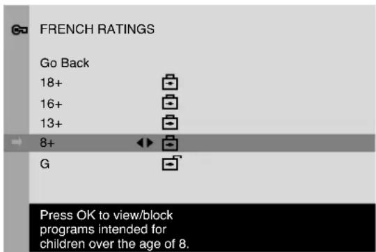 FRENCH RATINGS Go Back 18+ 16+ 13+ 8+ G Press OK to view/block programs intended for children over the age of 8.