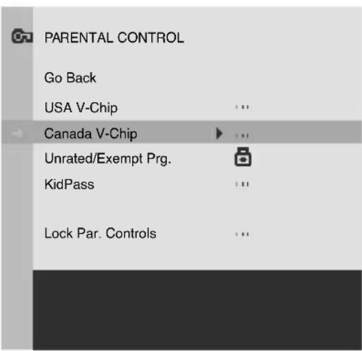 PARENTAL CONTROL Go Back USA V-Chip Canada V-Chip Unrated/Exempt Prg. KidPass Lock Par. Controls