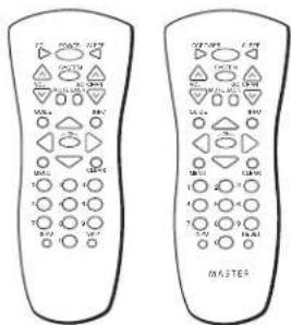Diagram of two remote control devices with labeled buttons and icons, one labeled 'MASTER'