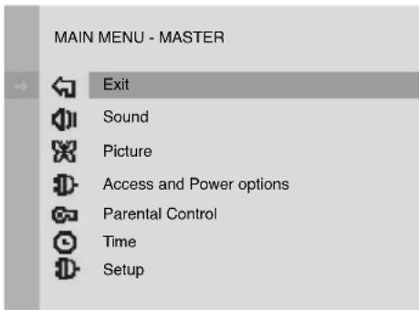 MAIN MENU - MASTER Exit Sound Picture Access and Power options Parental Control Time Setup