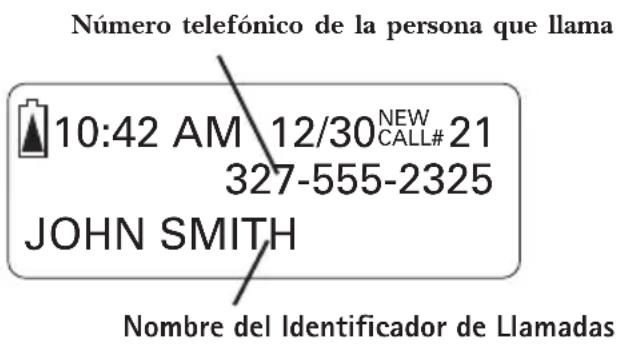 Número telefónico de la persona que llama 10:42 AM 12/30 NEW CALL# 21 327-555-2325 JOHN SMITH Nombre del Identificador de Llamadas