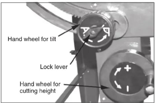 Hand wheel for tilt Lock lever Hand wheel for cutting height