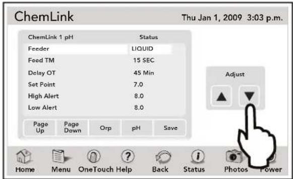 ChemLink Thu Jan 1, 2009 3:03 p.m. ChemLink 1 pH Status Feeder LIQUID Feed TM 15 SEC Delay OT 45 Min Set Point 7.0 High Alert 8.0 Low Alert 8.0 Page Up Page Down Orp pH Save Adjust Home Menu OneTouch Help Back Status Photos Power
