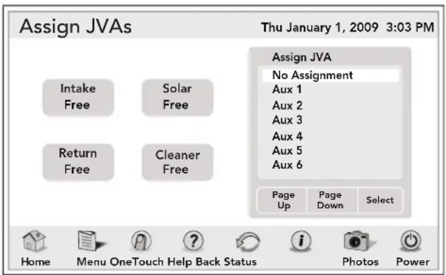 Assign JVA Thu January 1, 2009 3:03 PM Assign JVA No Assignment Aux 1 Aux 2 Aux 3 Aux 4 Aux 5 Aux 6 Return Free Cleaner Free Page Up Page Down Select Home Menu OneTouch Help Back Status Photos Power
