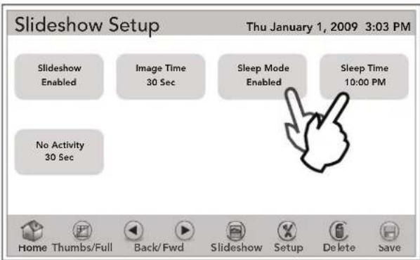 Slideshow Setup Thu January 1, 2009 3:03 PM Slideshow Enabled Image Time 30 Sec Sleep Mode Enabled Sleep Time 10:00 PM No Activity 30 Sec Home Thumbs/Full Back/Fwd Slideshow Setup Delete Save