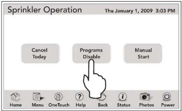 Sprinkler Operation Thu January 1, 2009 3:03 PM Cancel Today Programs Disable Manual Start Home Menu OneTouch Help Back Status Photos Power