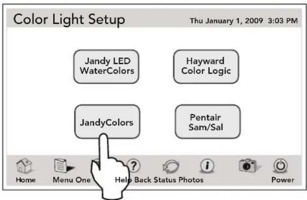 Color Light Setup Thu January 1, 2009 3:03 PM Jandy LED WaterColors Hayward Color Logic JandyColors Pentair Sam/Sal Home Menu One Help Back Status Photos i Power