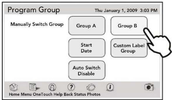 Program Group Thu January 1, 2009 3:03 PM Manually Switch Group Group A Group B Start Date Custom Label Group Auto Switch Disable Home Menu OneTouch Help Back Status Photos