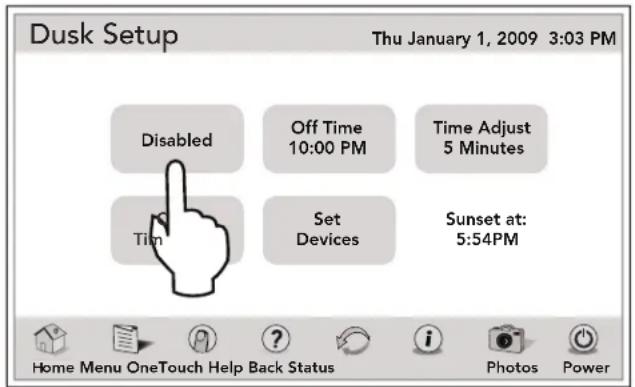 Dusk Setup Thu January 1, 2009 3:03 PM Disabled Off Time 10:00 PM Time Adjust 5 Minutes Tim Set Devices Sunset at: 5:54PM Home Menu OneTouch Help Back Status i Photos Power
