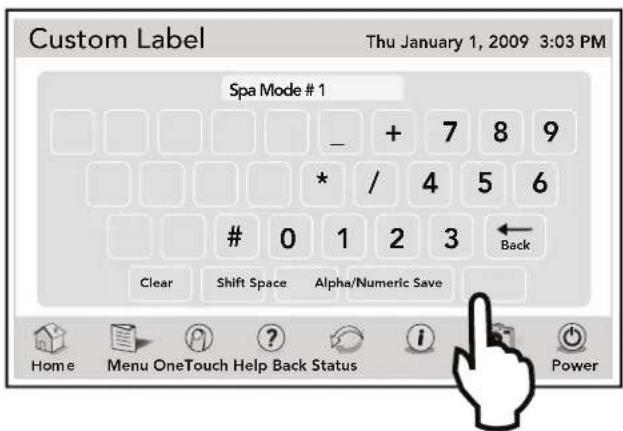 Custom Label Thu January 1, 2009 3:03 PM Spa Mode # 1 _ + 7 8 9 * / 4 5 6 0 1 2 3 ← Clear Shift Space Alpha/Numeric Save Home Menu OneTouch Help Back Status Power