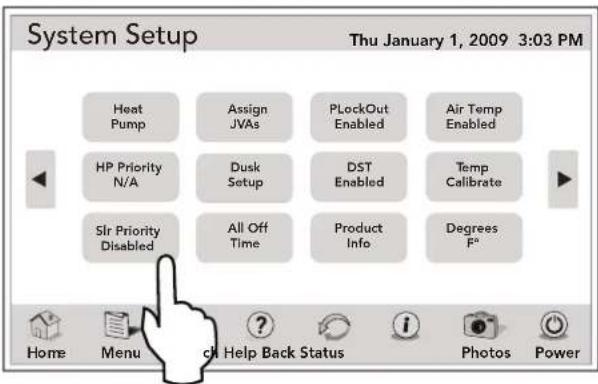 System Setup Thu January 1, 2009 3:03 PM Heat Pump Assign JVAs PLockOut Enabled Air Temp Enabled HP Priority N/A Dusk Setup DST Enabled Temp Calibrate Slr Priority Disabled All Off Time Product Info Degrees F° Home Menu Help Back Status Photos Power